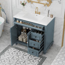 36' Bathroom Vanity with Sink,  Blue Grey Vanity Cabinet with Flip-Out Drawer, 3 Drawers, 2 Soft-Close Doors, Solid Wood & MDF, Elegant Black Hardware