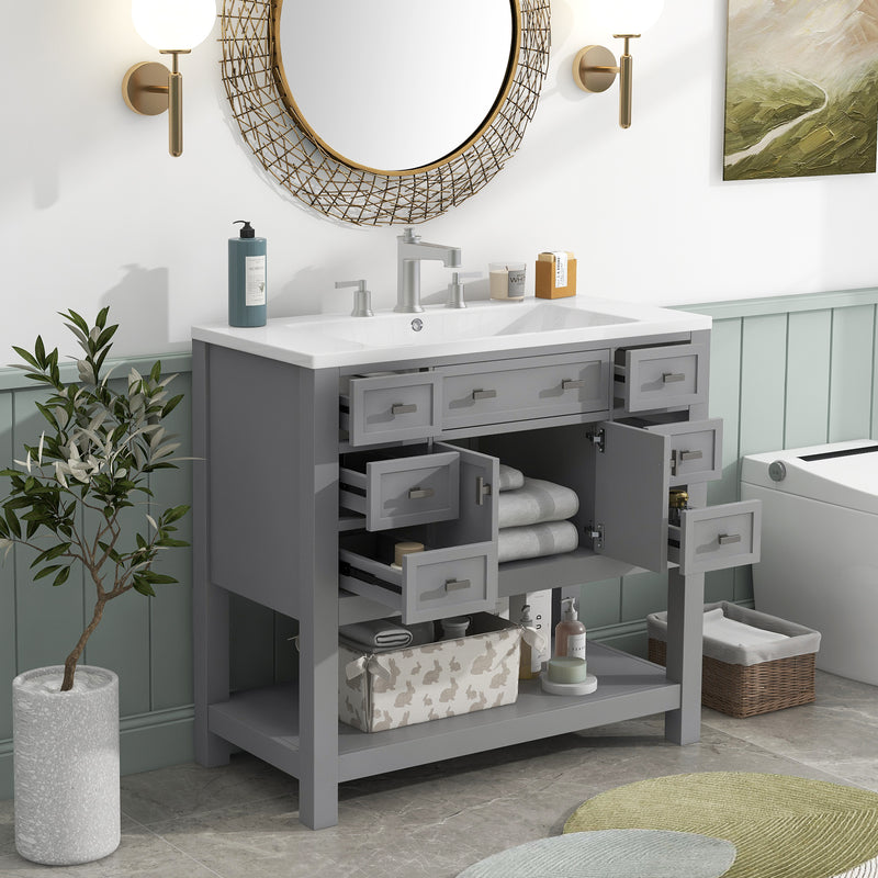 36'' Bathroom Vanity with Top Sink, Modern Bathroom Storage Cabinet with 2 Soft Closing Doors and 6 Drawers, Single Sink Bathroom Vanity (Same as SW000116AAE)
