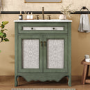 30' Antique Pattern Bathroom Vanity with Rectangle Ceramic Sink, Bathroom Vanity Cabinet with Tip-Out Tray / Flip-Out Drawer, Equipped with Antique Handles and Rubber Wood legs, Antique Green + Blue