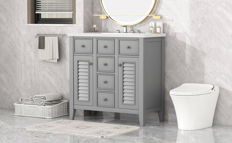 36" Bathroom Vanity with Ceramic Basin, Two Cabinets and Five Drawers, Solid Wood Frame, Grey (OLD SKU: SY999202AAE)