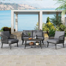 4-Piece Outdoor Patio Furniture Set, Metal Chairs with Woven Rope U-Shaped Backrest,Outdoor Conversation Set with Thick Cushions and Coffee Table for Garden, Poolside, Balcony, Black & Grey