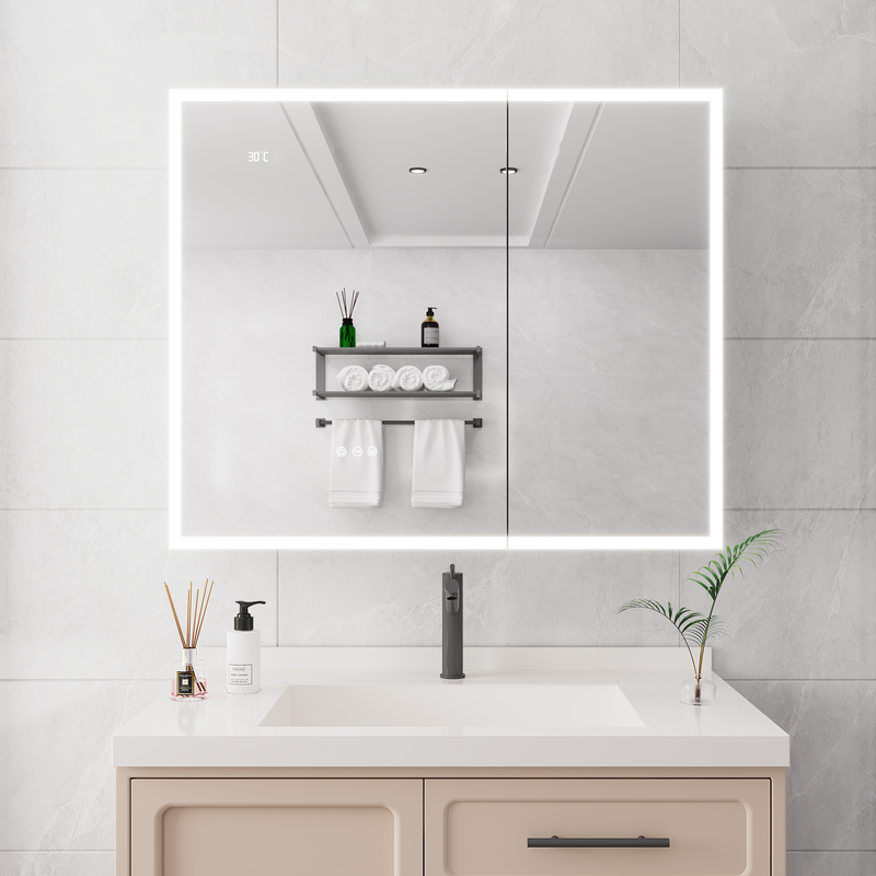 Bathroom Medicine Cabinet with Lights, 36×30 Inch LED Medicine Cabinet with Mirror, Double Door Lighted Medicine Cabinet with Defogger, Dimmer, Clock & Temp Display, 2 Outlets & USB Ports