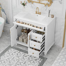 36' Bathroom Vanity with Sink, White Vanity Cabinet with Flip-Out Drawer, 3 Drawers, 2 Soft-Close Doors, Solid Wood & MDF, Elegant Gold Hardware