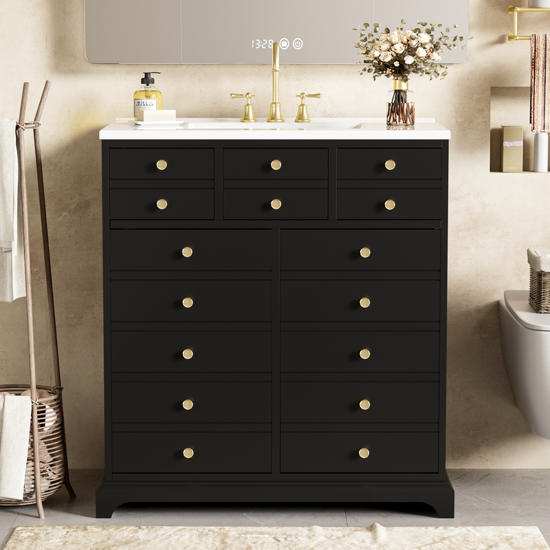30'' Bathroom Vanity with Ceramic Sink Combo, Solid Wood Frame Bathroom Storage Cabinet, Freestanding Vanity Set with 2 Drawers& Soft Closing Doors, Black