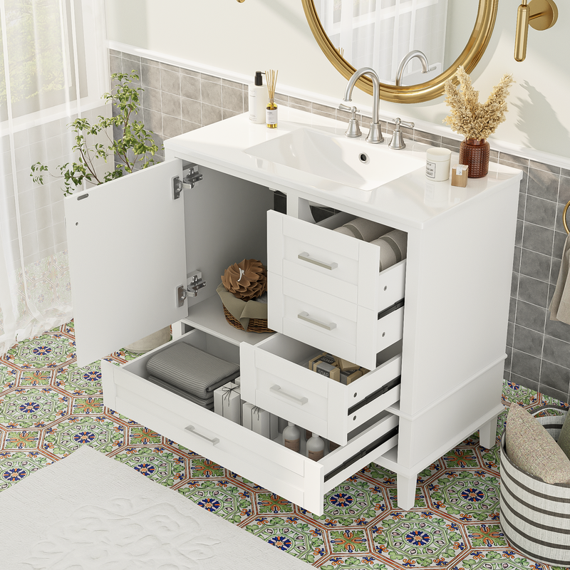 36' White Bathroom Vanity with Solid Pine Frame, 1 Soft Close Door and 3 Drawers , Modern Storage Cabinet (The Same Series as WF321698)