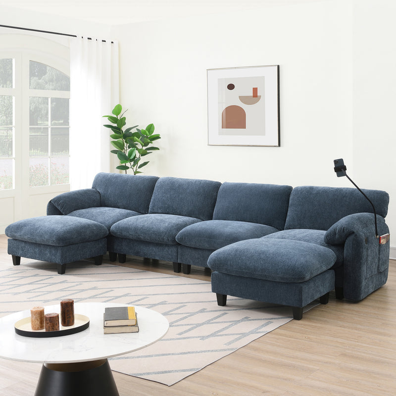 [VIDEO Provided] 140' Modular Sectional Sofa, U-Shape with 31.5' Extra-Wide Seat Cushion, USB and Type-C Charger, Phone Holder and 2 Side Storage Pockets, Free Movement Ottoman, Striped Chenille