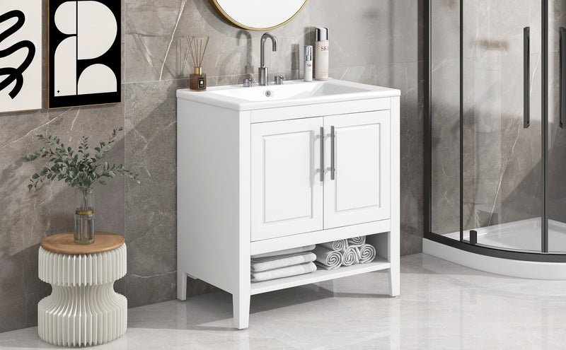 30" Bathroom Vanity with Sink, Multi-functional Bathroom Cabinet with Doors and Drawers, Solid Frame and MDF Board, White