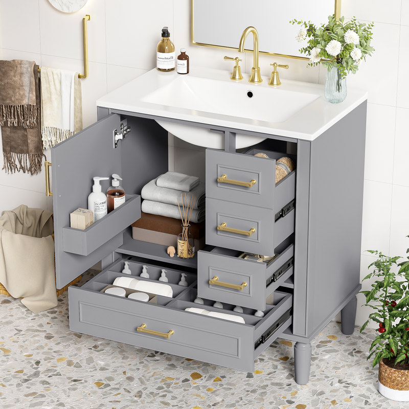 30' Bathroom Vanity with Ceramic Sink, Soft-Close Door with Built-in Shelf, Deep Drawer, Standard Drawer, Long Divider Drawer, Ample Storage Cabinet for Bathroom, Modern & Functional Design