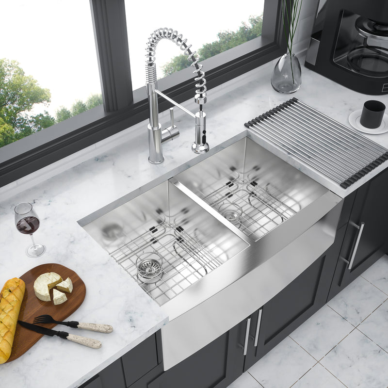 Double Bowl (50/50) Farmhouse Sink- 33"x20"x9"Stainless Steel Apron Front Kitchen Sink 18 Gauge with Two 9" Deep Basin
