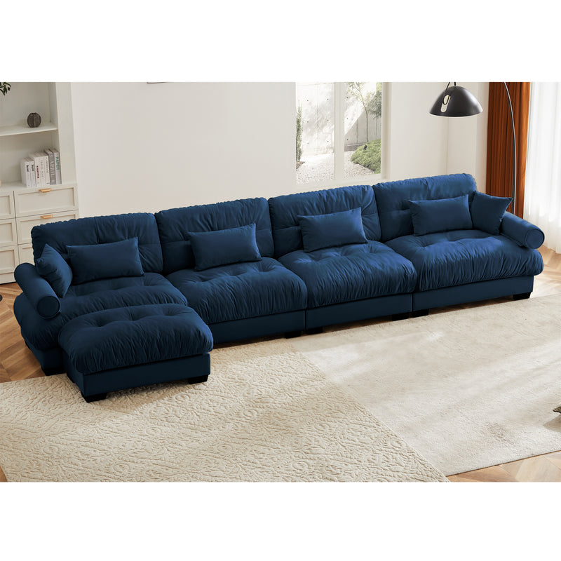 L Shaped Sectional Cloud Sofa , Convertible Deep 4 Seater Modular Couch for Living Room,Modern Velvet Comfy Upholstered Corner Couch  Waist Pillows, Throw Pillows and Blostered Armrests,Blue