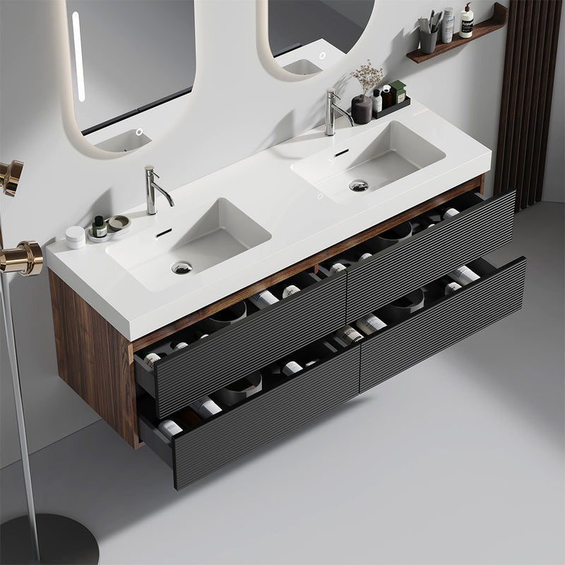 Grace 60' Walnut Bathroom Vanity with Glossy White Solid Surface Sink and Soft Black Drawers, Wall Mounted Floating Bathroom Vanity for Modern Bathroom, One-Piece Glossy White Basin, Pre-assembled