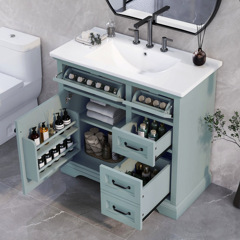 36' Bathroom Vanity with Sink, Ceramic Sink, 2 Tip-out Drawers, Soft Close Door Hinges, Grey
