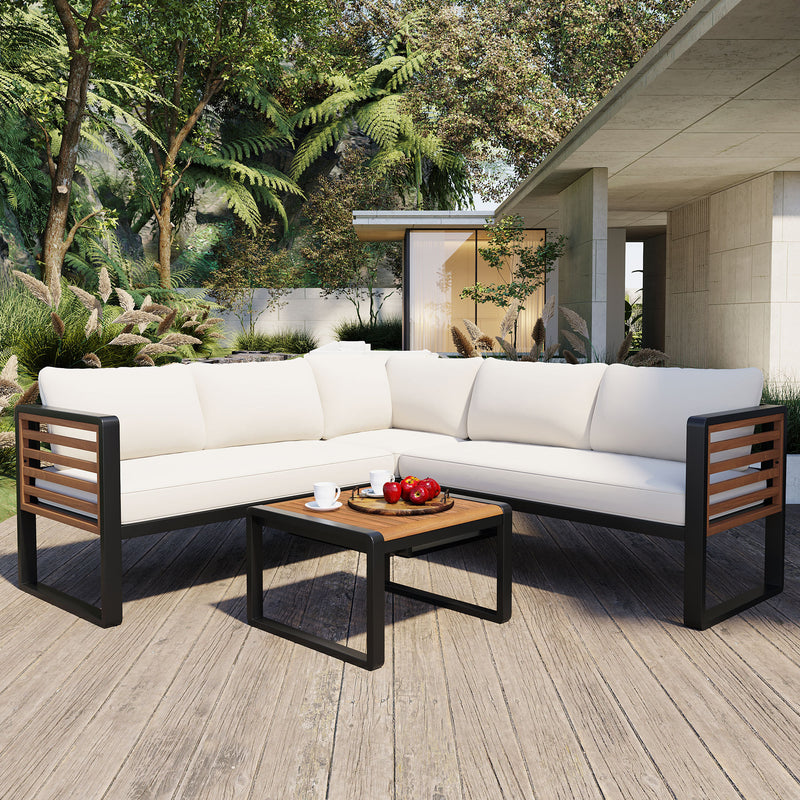 GO 4 Pieces Outdoor Patio Conservation Set, Metal and Wood Frame Sectional L-shaped Sofa with Soft Cushion and a Coffee Tables for Garden, Backyard, Porch and Deck, Beige