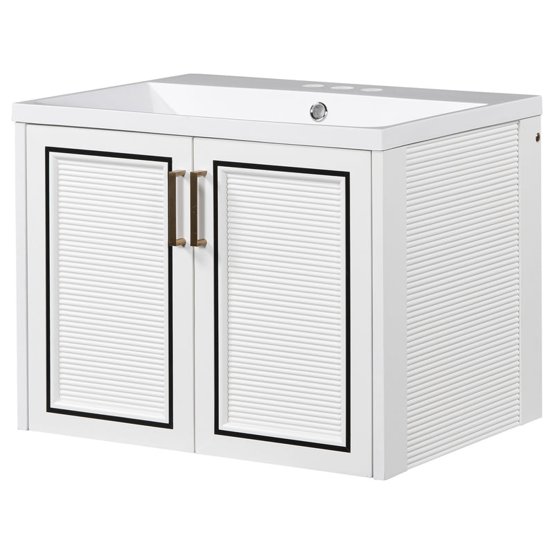 24" Wall Mounted Bathroom Vanity with Ceramic Basin, Two Shutter Doors, Solid Wood & MDF Board, White (One Package)
