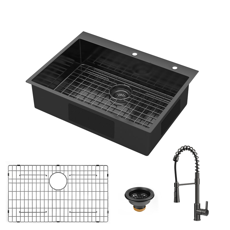 30x22Inch Topmount Gunmetal Black 18 Gauge Stainless Steel  Single Bowl Kitchen Sink With Faucet