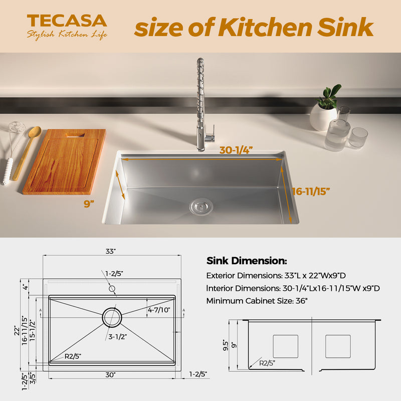 TECASA Workstation Kitchen Undermount Sink - 33 inch Drop-in Sink with Faucet Combo, Dual Mount All-in-One Single Bowl Stainless Steel Sink with Integrated Ledge and Accessories (Pack of 5)