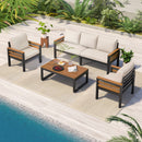 GO 4-Piece Outdoor Furniture Sofa Set for 5 People with Acacia Wood Armrests, Patio Conversation Set with Removable Cushion and Solid Wood Coffee Table for Garden and Backyard,Beige