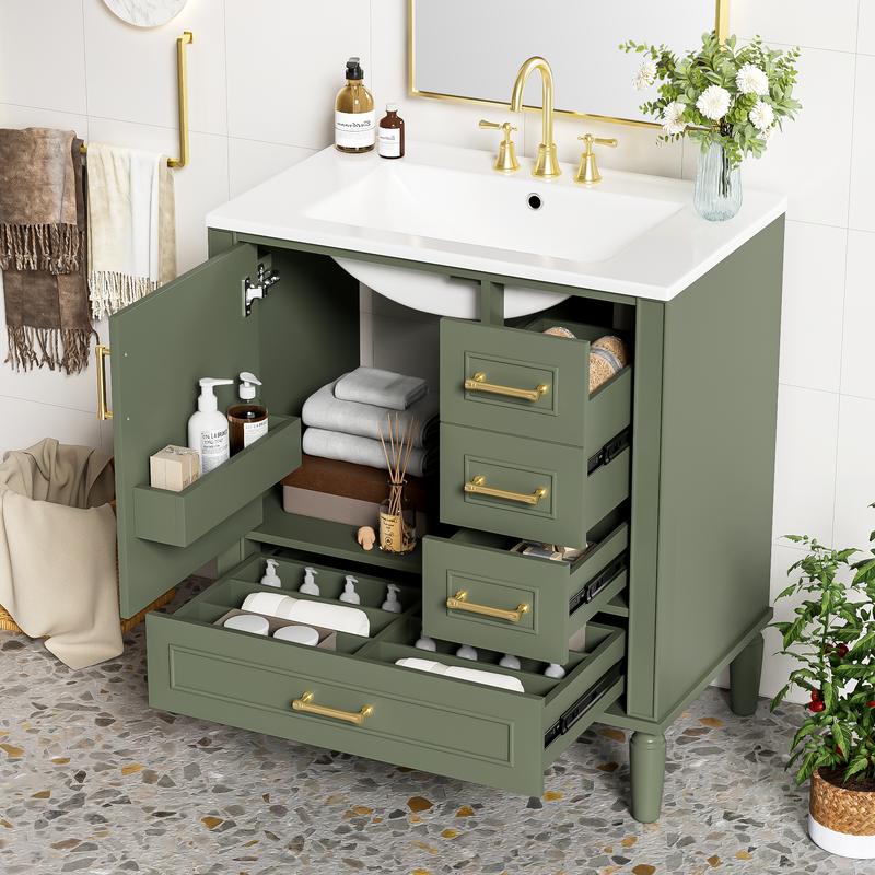 30' Bathroom Vanity with Ceramic Sink, Soft-Close Door with Built-in Shelf, Deep Drawer, Standard Drawer, Long Divider Drawer, Ample Storage Cabinet for Bathroom, Modern & Functional Design
