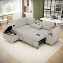 88.2' L-shaped Sofa Couch Upholstered Sofa Versatile Sofa Bed with Ample Storage Space, Two Cup Holders and Two USB Ports for Living Room, Beige