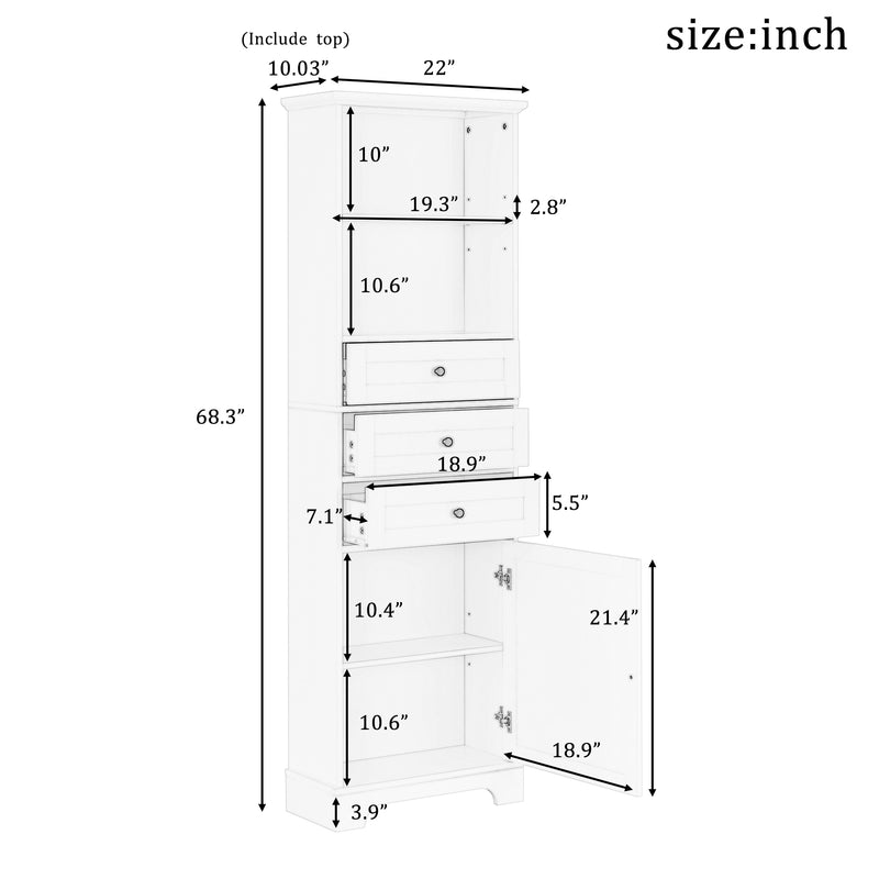 White Tall Storage Cabinet with 3 Drawers and Adjustable Shelves for Bathroom, Kitchen and Living Room, MDF Board with Painted Finish