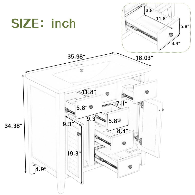 36" Bathroom Vanity with Ceramic Basin, Two Cabinets and Five Drawers, Solid Wood Frame, Grey