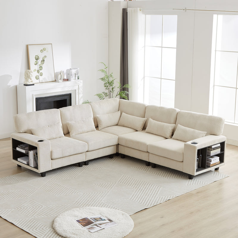 102.75*102.75' L-Shaped Modular Sectional Sofa, Modern Corduroy Sectional Sofa, Arm with Storage With Cup Holder 5-Seat Convertible Sectional Sofa for Living Room, Bedroom, Lounge and Projection Room