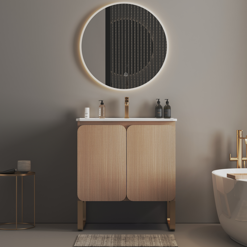 U093-Dalia30F-107 30' Freestanding & Wall Mounted Light Wood Bathroom Vanity with Ceramic Sink , Large Storage Vanity 2 Doors and Metal Support for Modern Bathrooms, KD