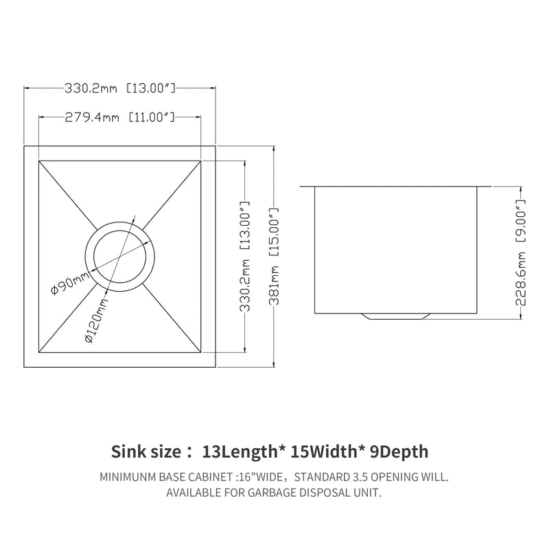 13 Inch Undermount Sink - 13"x15"x9" Undermount Stainless Steel Kitchen Sink 18 Gauge 9 Inch Deep Single Bowl Kitchen Sink Basin