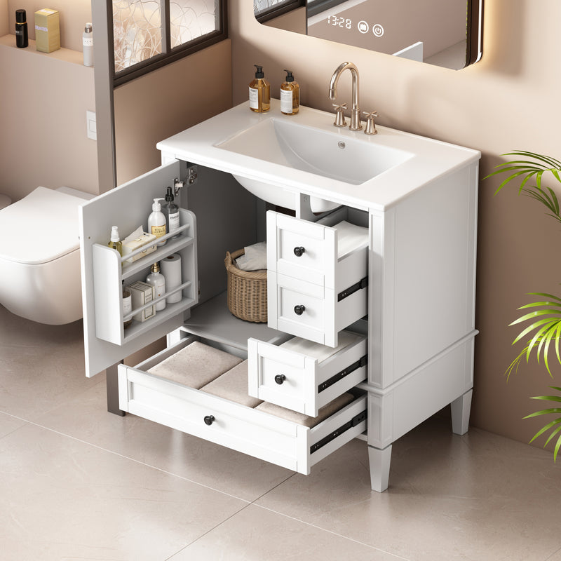 30 Inch Bathroom Vanity with Ceramic Sink, White Bathroom with 3 Drawers, Solid Wood Frame Modern Bathroom Storage Cabinet , Ideal for Home