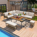 K&K 6-Piece Rope Patio Furniture L-Shaped Set, Outdoor Sectional Sofa Set with Acacia Wood Table with Ice Box, Rope Benches, Rope Conversation Set with Deep Seating & Thick Cushion for Couch,Beige