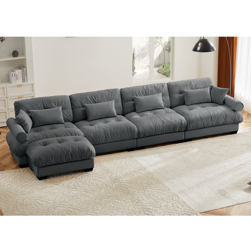 L Shaped Sectional Cloud Sofa , Convertible Deep 4 Seater Modular Couch for Living Room,Modern Velvet Comfy Upholstered Corner Couch  Waist Pillows, Throw Pillows and Blostered Armrests,Grey
