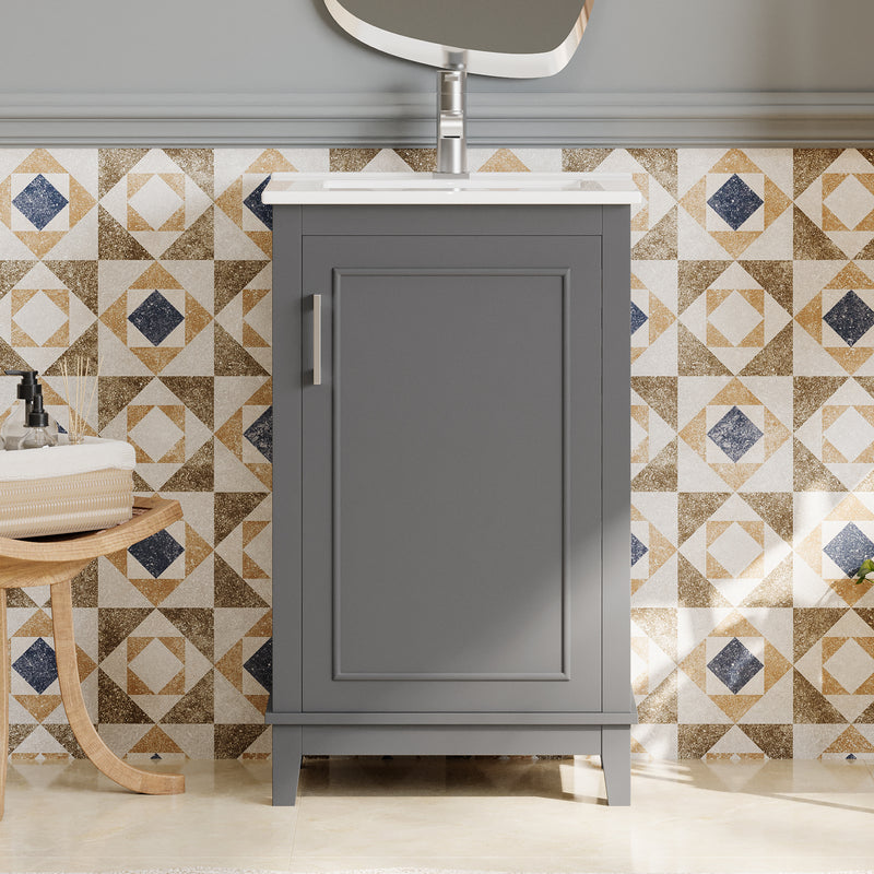 [Viedo] 20 Inch Modern Small Bathroom Vanity Cabinet With Ceramic Basin- 20*14.5*33.3 Inches,Ample Storage,1 Soft-Close Door