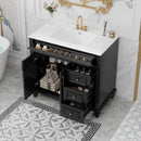 36' Bathroom Vanity with Sink, Black Vanity Cabinet with Flip-Out Drawer, 3 Drawers, 2 Soft-Close Doors, Solid Wood & MDF, Elegant Gold Hardware