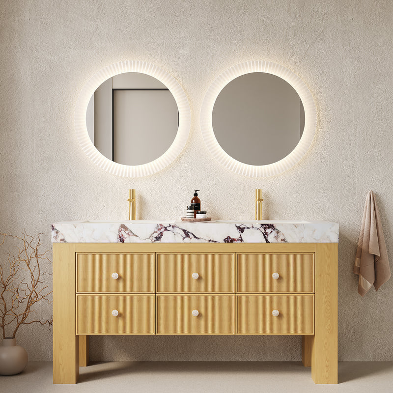 LONIS 60' Bathroom Vanity with Sink, Freestanding Plywood Bathroom Storage Cabinet with 6 Drawers, Sintered Stone Countertop with and 2 Ceramic Basins, Pre-assembled,  Corolla Oak Woodgrain Color
