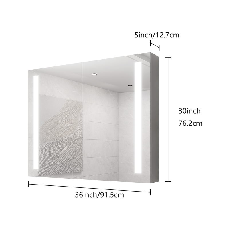 36 x 30 inch Medicine Cabinet with LED Vanity Mirror, Anti-Fog, Dimmable, Recessed or Surface Mount, Aluminum 3000K~6000K Lighted Double Door Bathroom Cabinet with Touch Switch