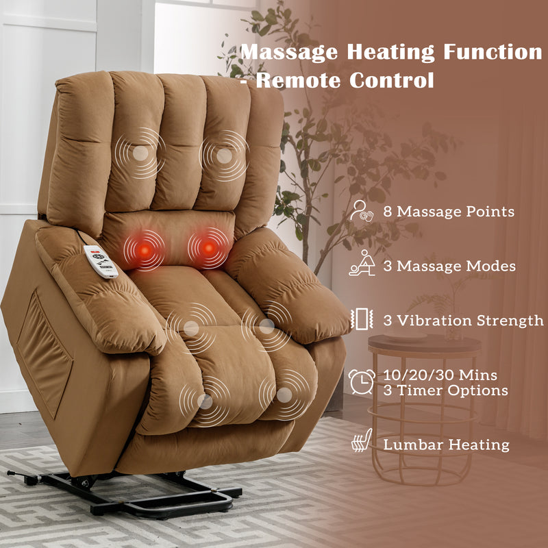 Massage Recliner Chair Electric Power Lift Recliner Chairs with Heat, Vibration, Side Pocket for Living Room, Bedroom, Light Brown