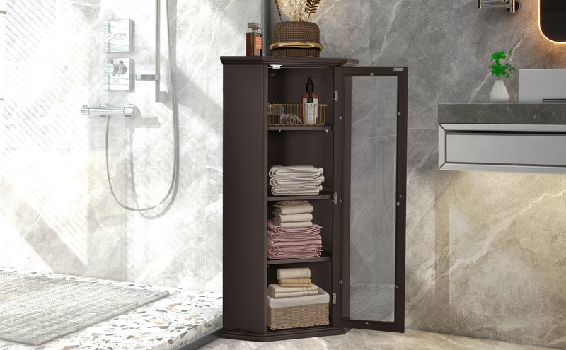 Freestanding Bathroom Cabinet with Glass Door, Corner Storage Cabinet for Bathroom, Living Room and Kitchen, MDF Board with Painted Finish, Brown