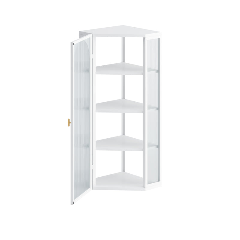 Glass Door Wall Mounted Corner Cabinet with Featuring Four-tier Storage for Bedroom, Living Room, Bathroom, Kitchen, White
