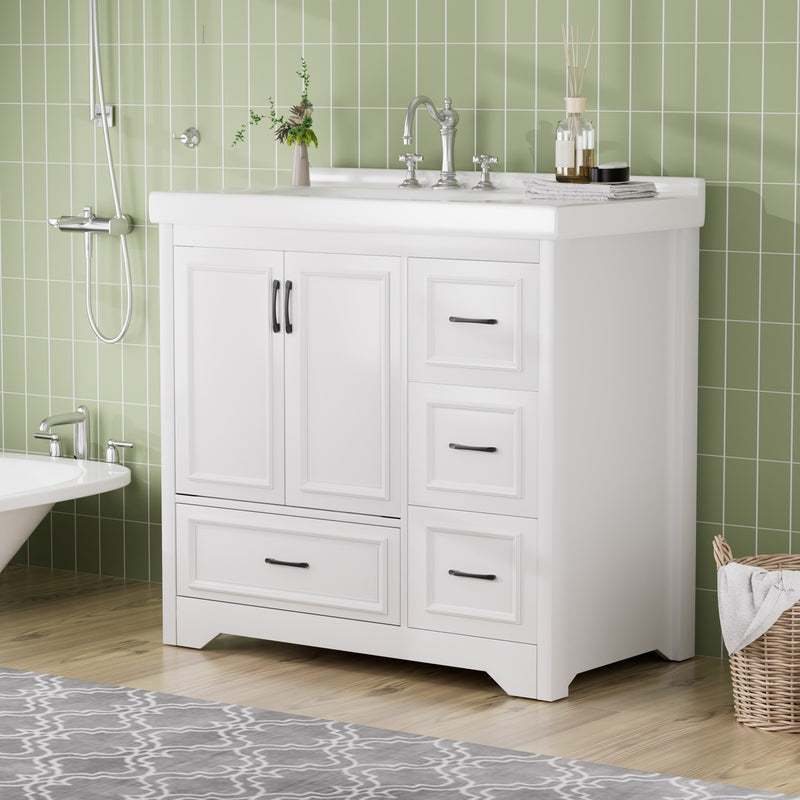 Cabinet Without Basin, 36-Inch Bathroom Cabinet, Bathroom Sink Cabinet with 2 Closing Doors and 4 Drawers. white color, 35.8''W x 19.7''D x 35.4''H.---Cabinet only