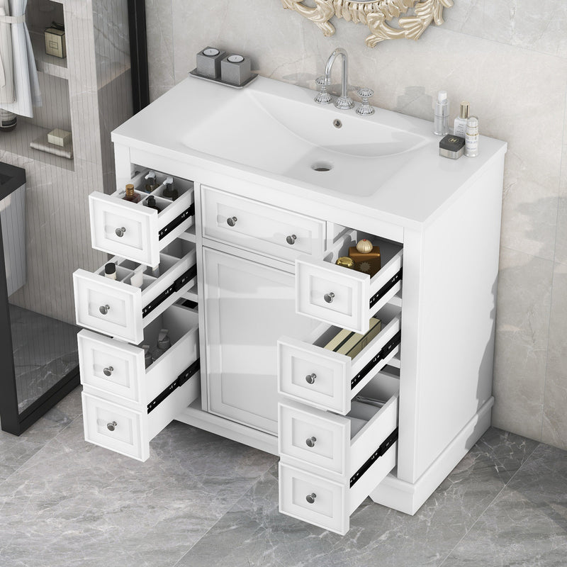 36' Bathroom Vanity with Sink Combo, One Cabinet and Six Drawers, Solid Wood and MDF Board, White