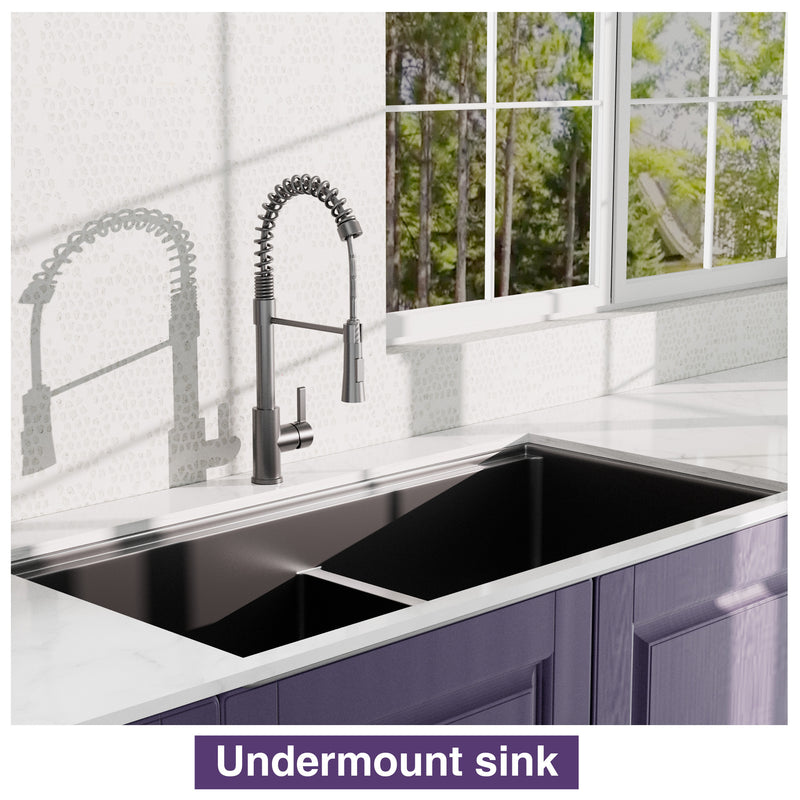 All In One  33x19Inch Undermount Gunmetal Black Double Bowl  Kitchen Sink 18 Guage Stainless Steel With Faucet