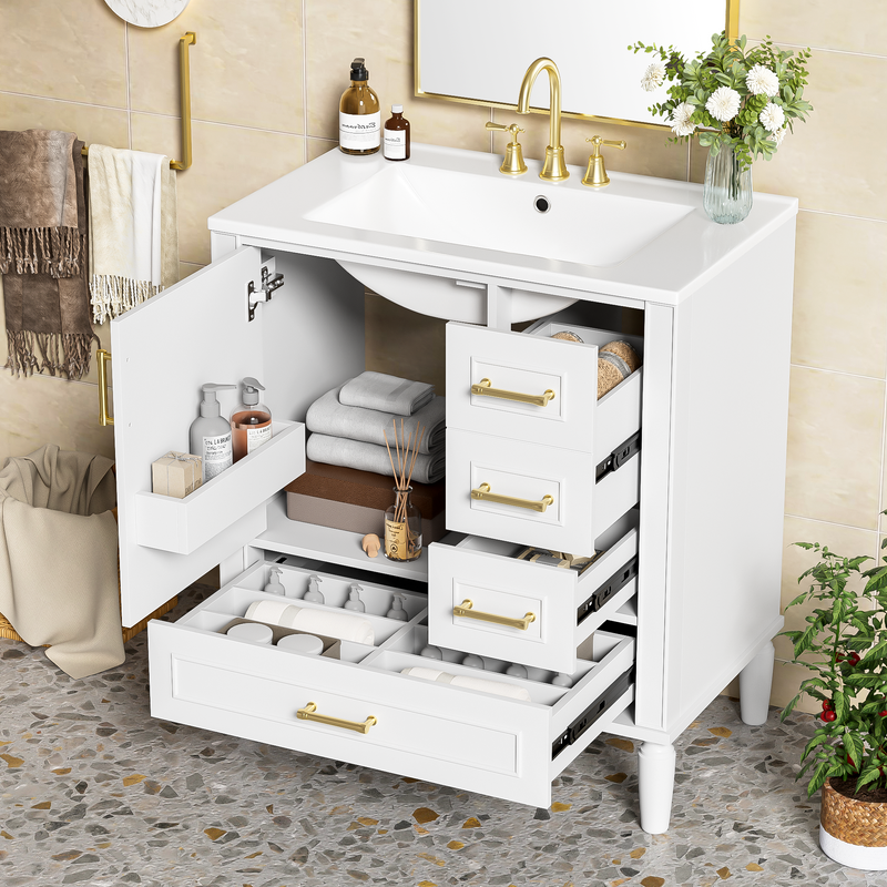 30' Bathroom Vanity with Ceramic Sink, Soft-Close Door with Built-in Shelf, Deep Drawer, Standard Drawer, Long Divider Drawer, Ample Storage Cabinet for Bathroom, Modern & Functional Design