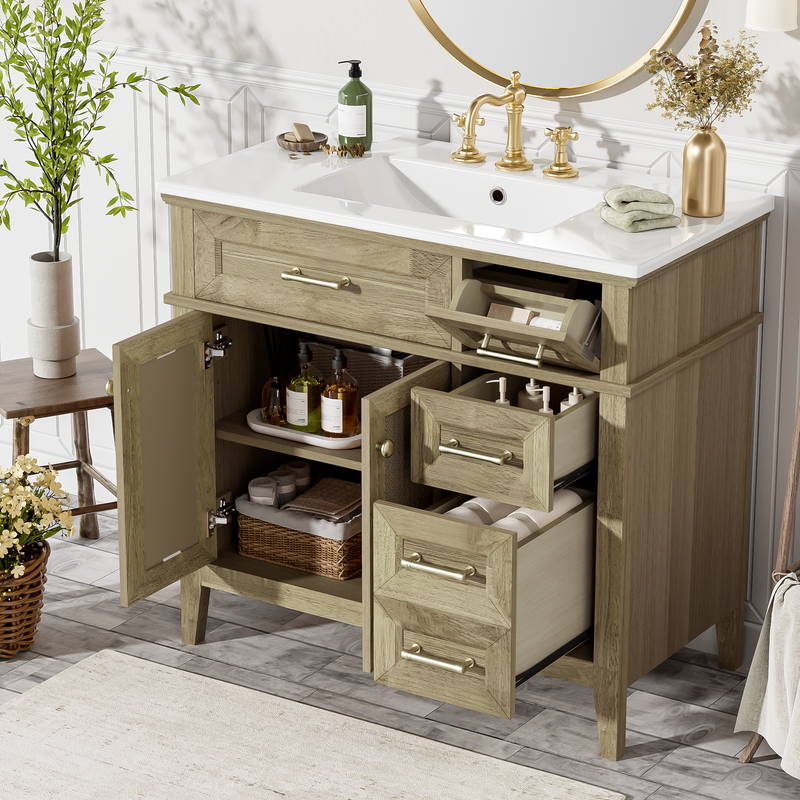 36' Bathroom Vanity with Ceramic Sink, Rubberwood Frame, 2 Soft Close Doors, 1 Flip-Down Drawer, 1 Shallow Drawer, 1 Deep Drawer, Adjustable Shelf, Space-Saving Design for Small Bathrooms