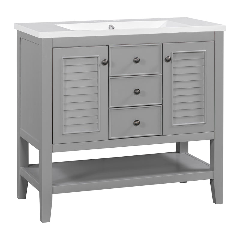 36" Bathroom Vanity with Ceramic Basin, Two Cabinets and Drawers, Open Shelf, Solid Wood Frame, Grey