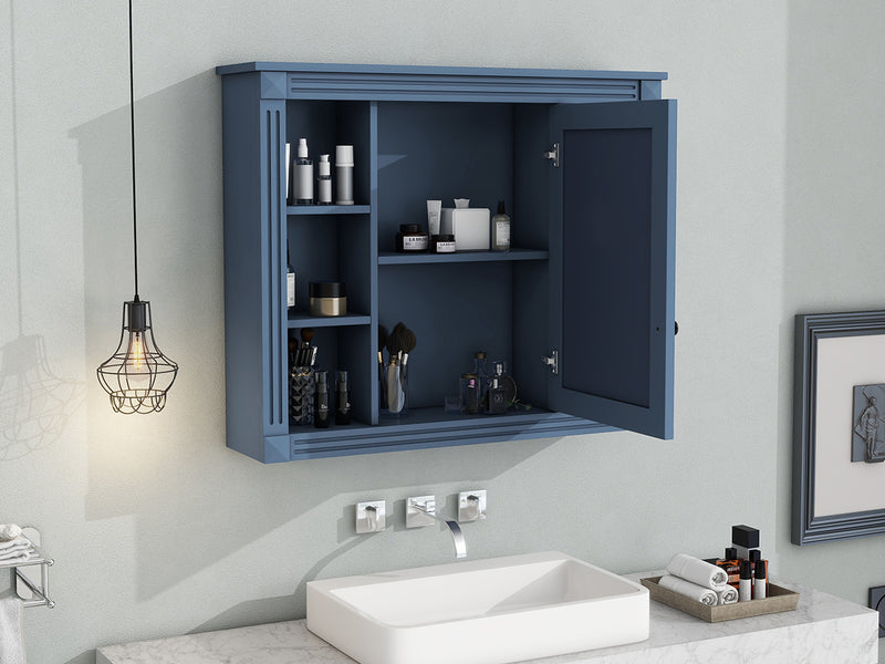 35'' x 28'' Royal Blue Wall Mounted Bathroom Storage Cabinet, Modern Bathroom Wall Cabinet with Mirror, Mirror Cabinet with 6 Open Shelves (Not Include Bathroom Vanity )