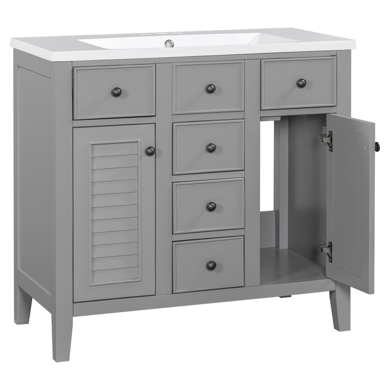 36" Bathroom Vanity with Ceramic Basin, Two Cabinets and Five Drawers, Solid Wood Frame, Grey
