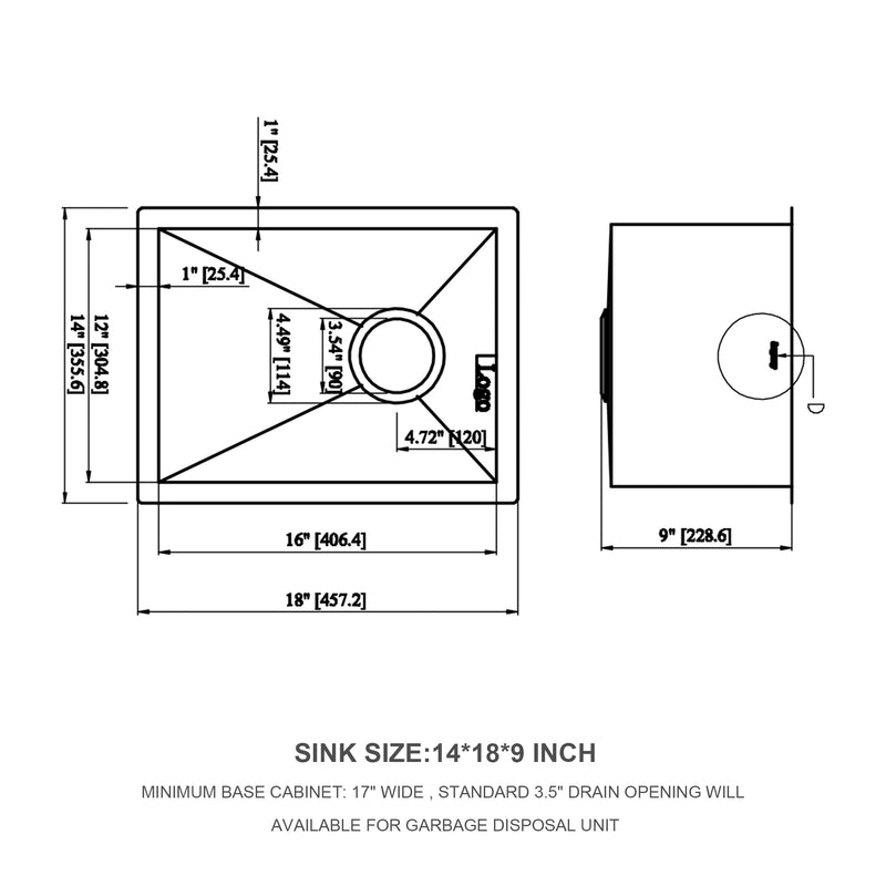14 Inch Undermount Sink - 14"x18"x9" Undermount Stainless Steel Kitchen Sink 18 Gauge 9 Inch Deep Single Bowl Kitchen Sink Basin