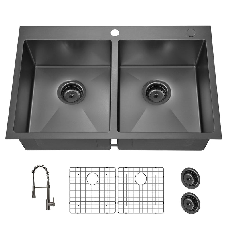 33x22Inch Double Bowl Topmount Gunmetal Black Kitchen Sink 18Gauge Stainless Steel  With Black Spring Neck Faucet