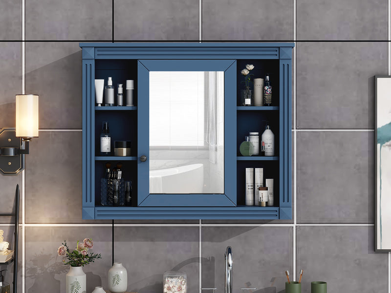 35'' x 28'' Royal Blue Wall Mounted Bathroom Storage Cabinet, Modern Bathroom Wall Cabinet with Mirror, Mirror Cabinet with 6 Open Shelves (Not Include Bathroom Vanity )