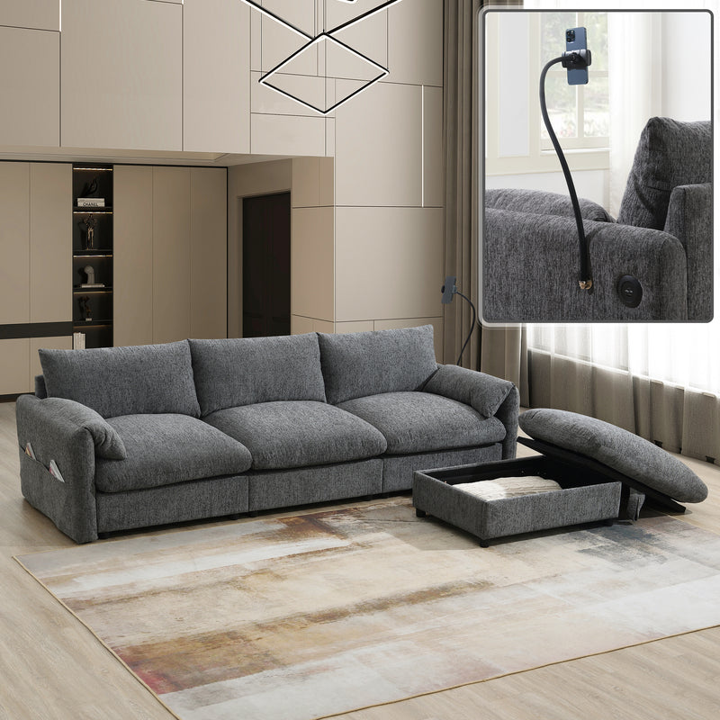 [VIDEO+NEW]96.5'' Chenille Sectional Sofa with Storage Ottoman and Pockets,Adjustable Phone Holder,Wide Seat,4 Seat L Shaped Couch Set,Comfy Sofa with USB Charger for Living Room,Apartment,3 Colors